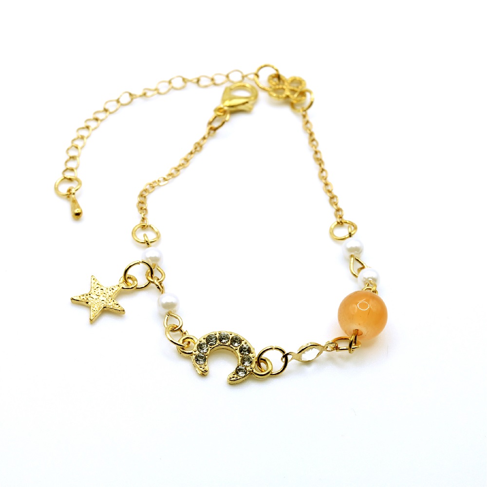 B-08-01-1.jpg Gold Chain Bracelet with Pearl Orange Bead