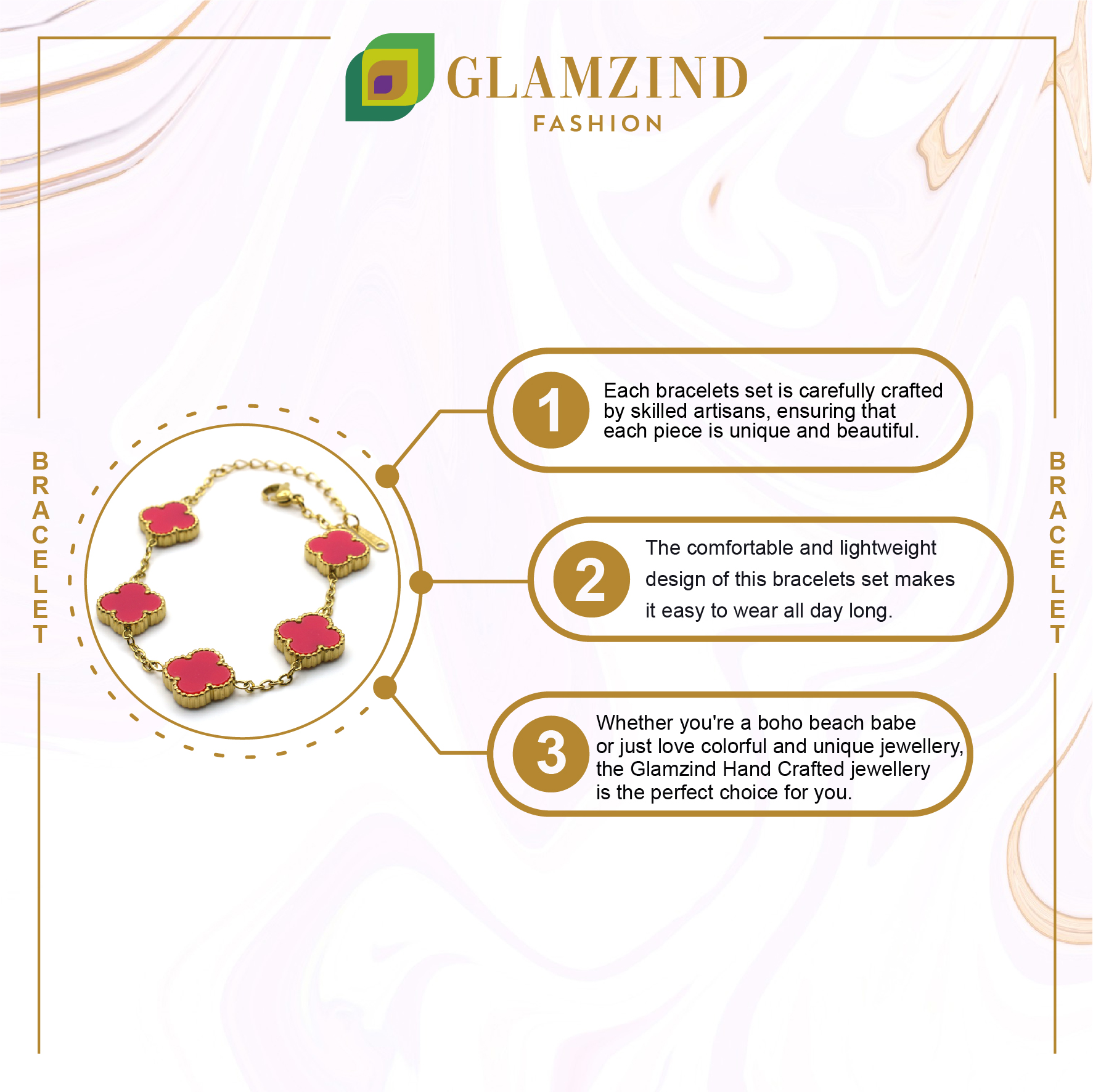 B-16-04-1.jpg Clover Bubblegum Pink Golden Bracelet