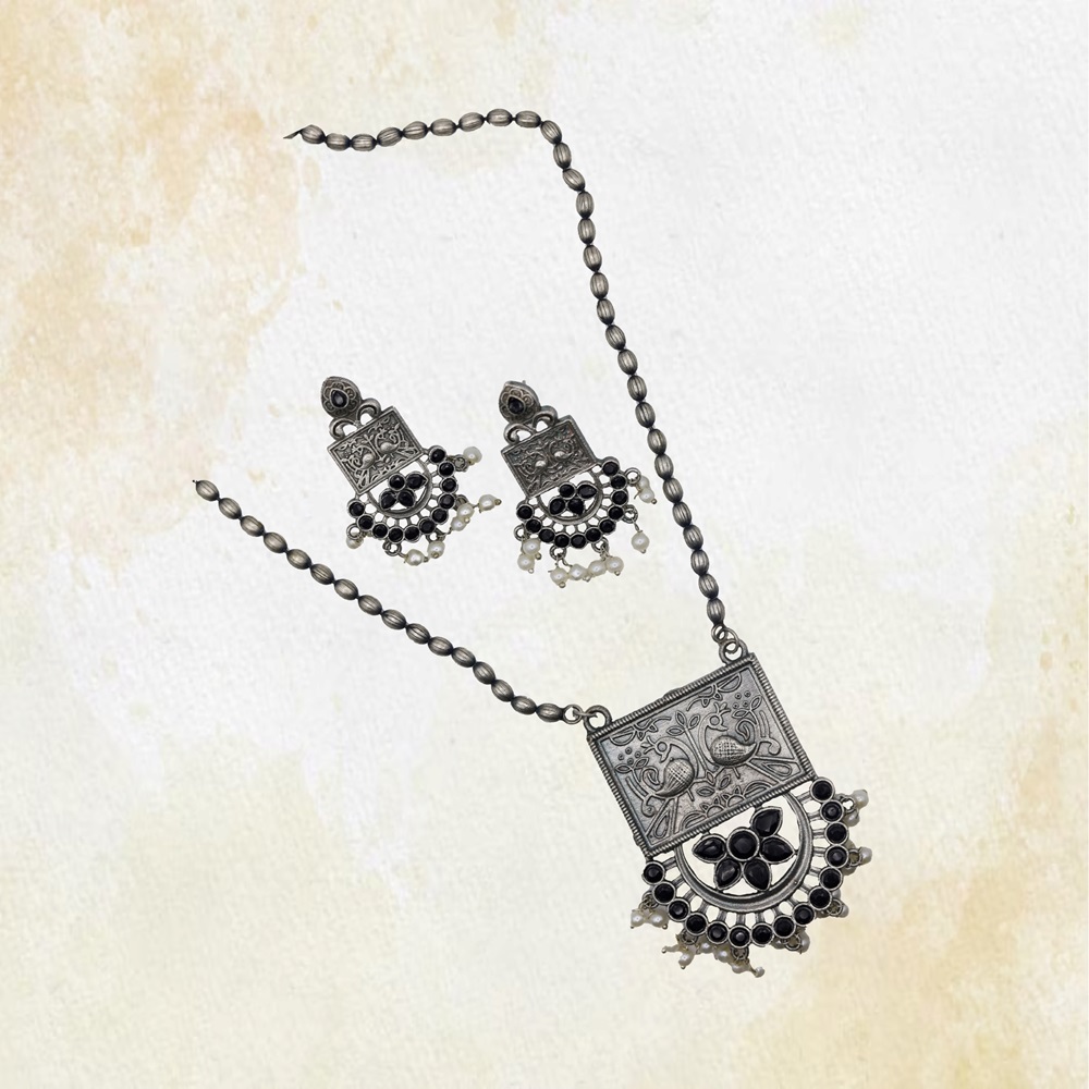 BLACK-02A-1.jpg German Silver Square Half round Pendent with Earings