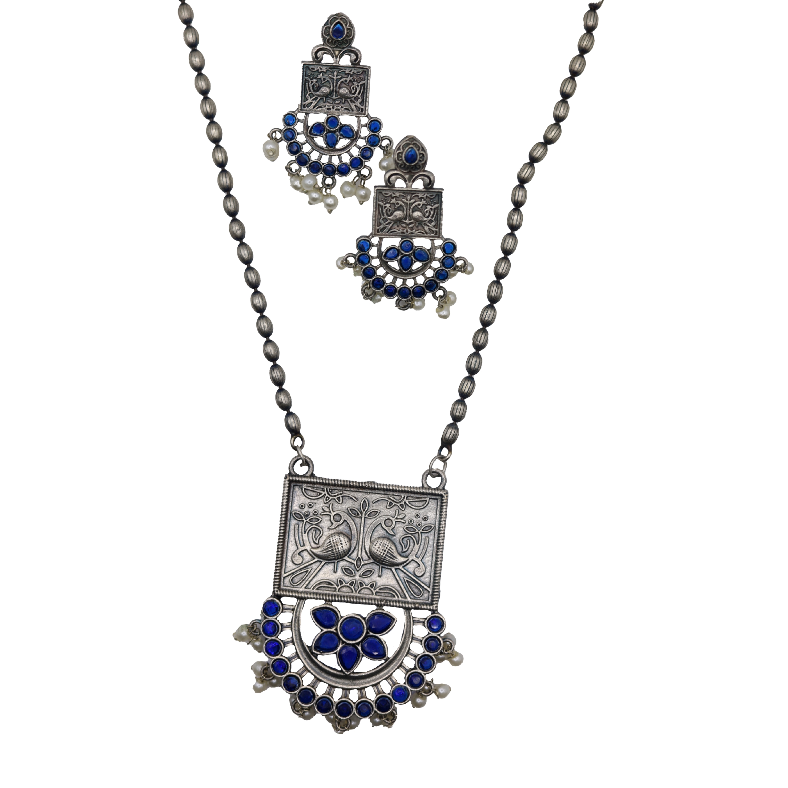 BLUE-01A-1.jpg German Silver Square Half round Pendent with Earings