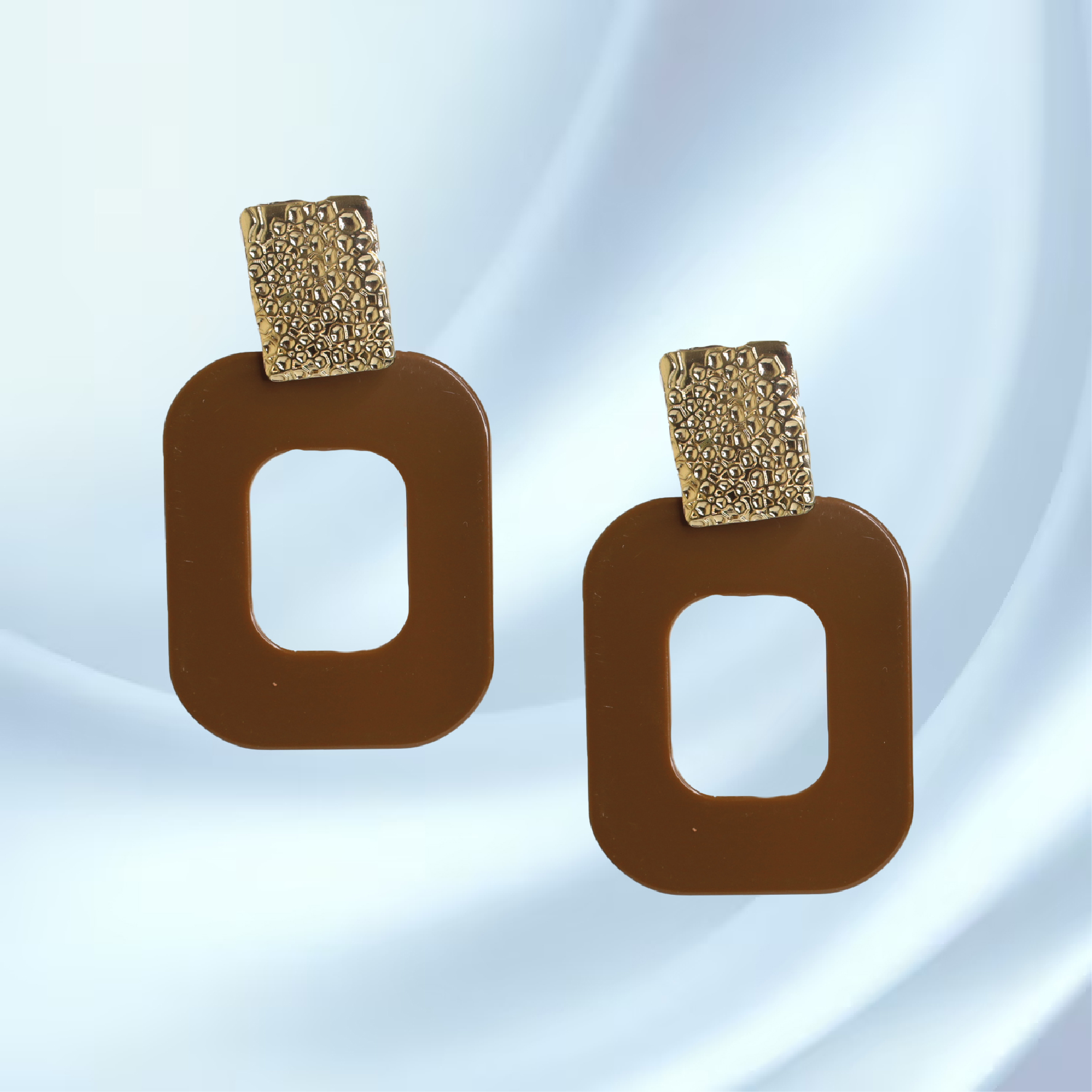 E-17-03 Brown and Golden Square Long Earrings