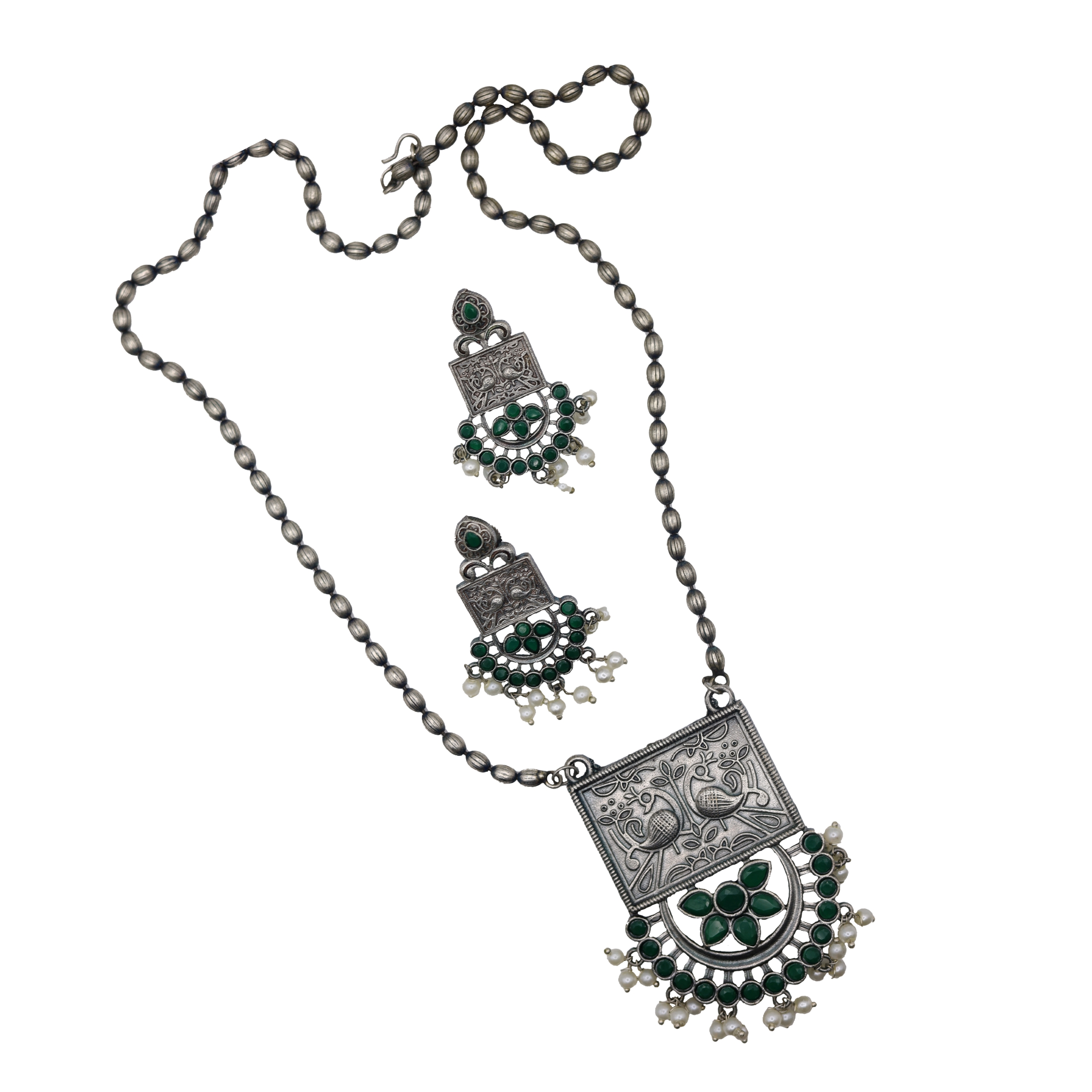 GREEN-01A-1.jpg German Silver Square Half round Pendent with Earings