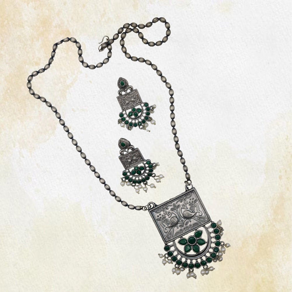 GREEN-02A-1.jpg German Silver Square Half round Pendent with Earings