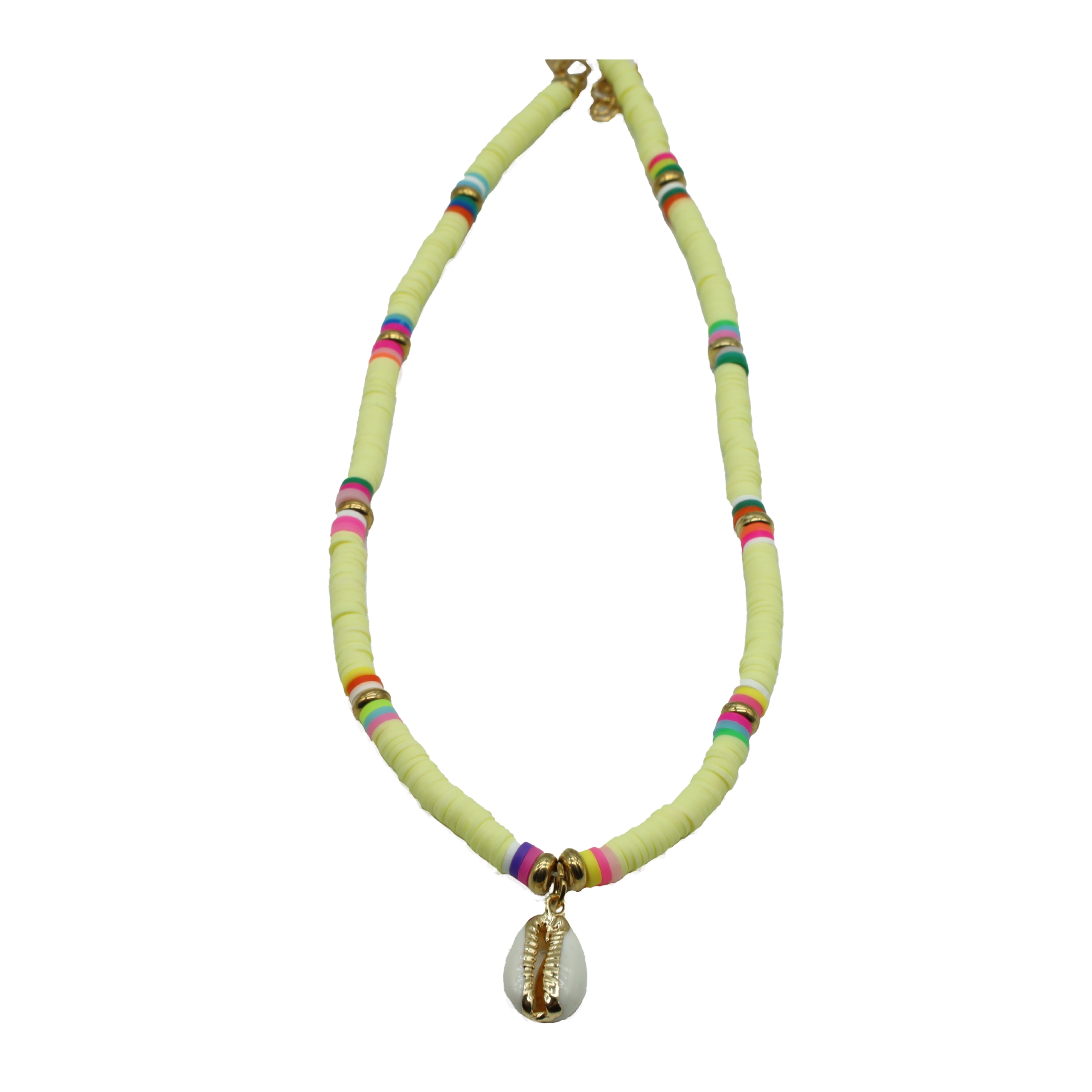 N-07-01a.jpg Yellow Heishi Beads with Cowrie Shell Charm