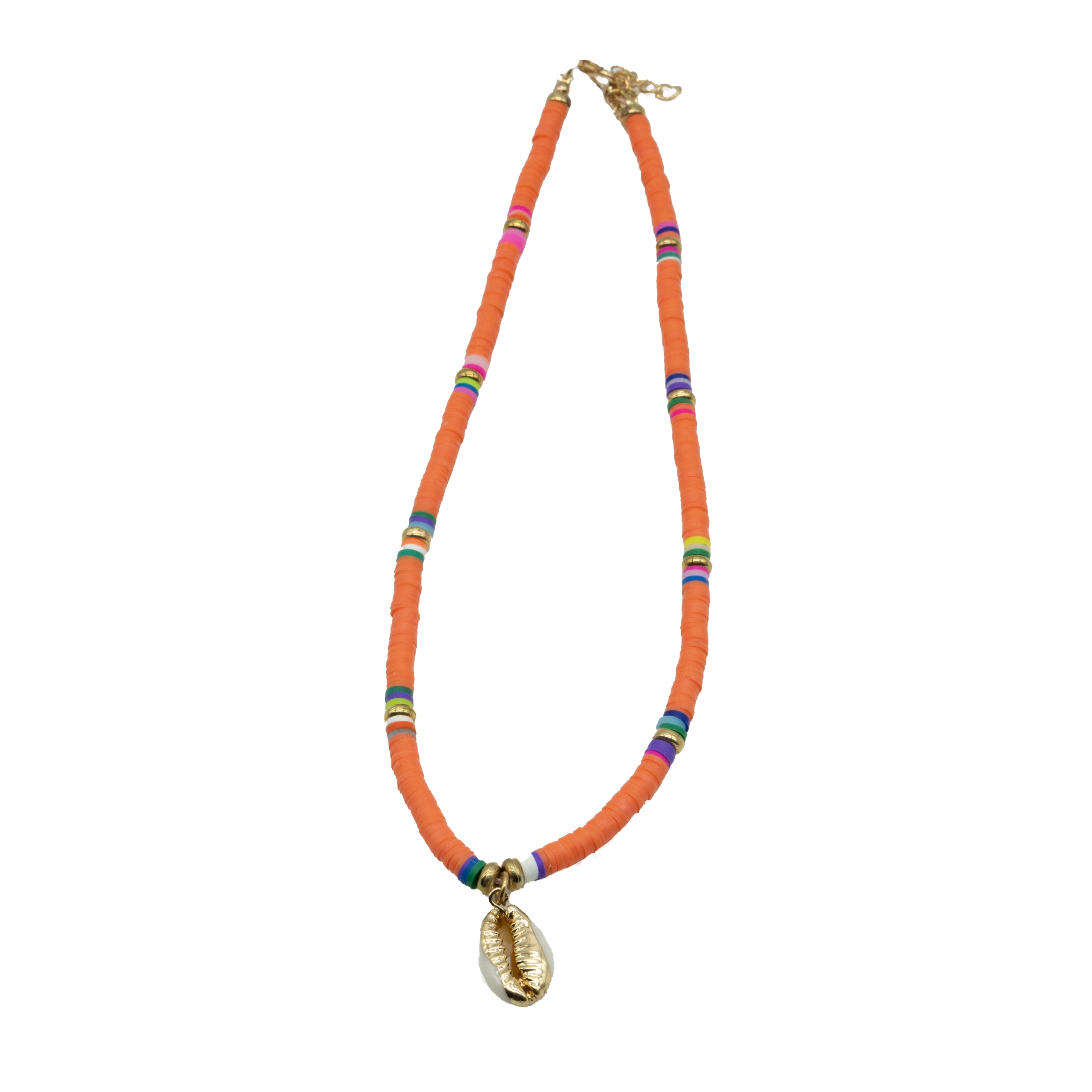 N-08-01a.jpg Orange Heishi Beads with Cowrie Shell Charm