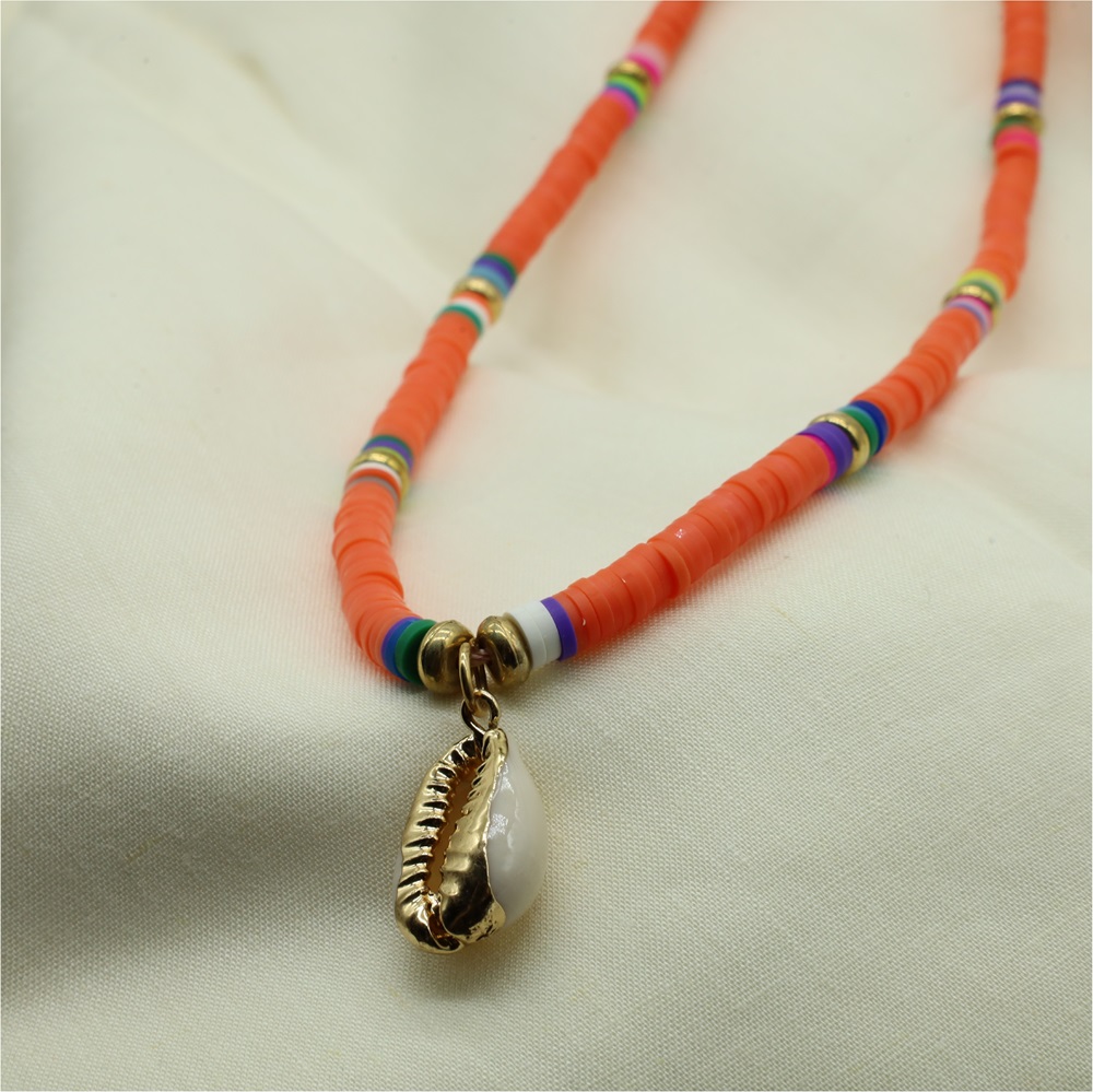 N-08-03a.jpg Orange Heishi Beads with Cowrie Shell Charm