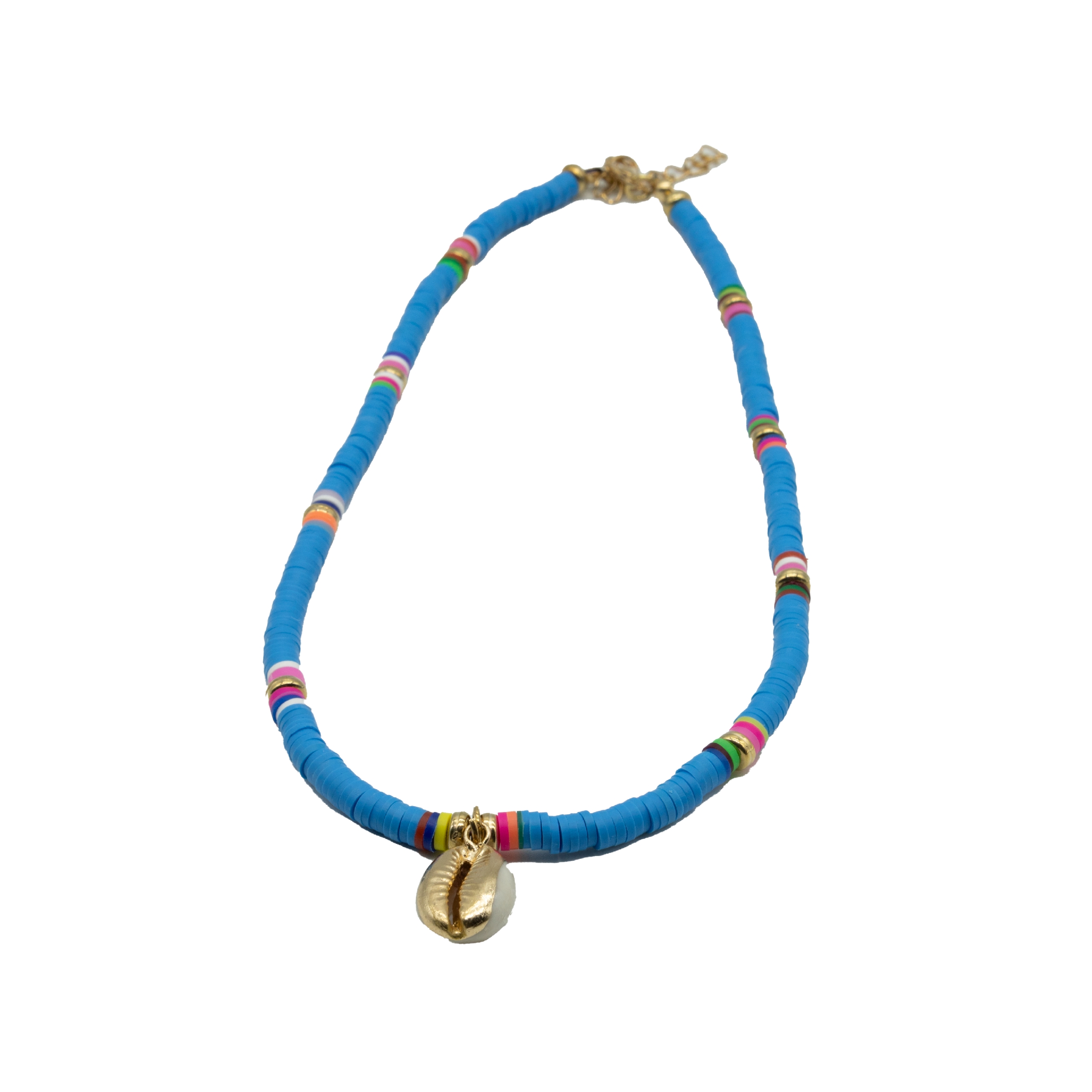 N-09-01a.jpg Azure Heishi Beads with Cowrie Shell Charm