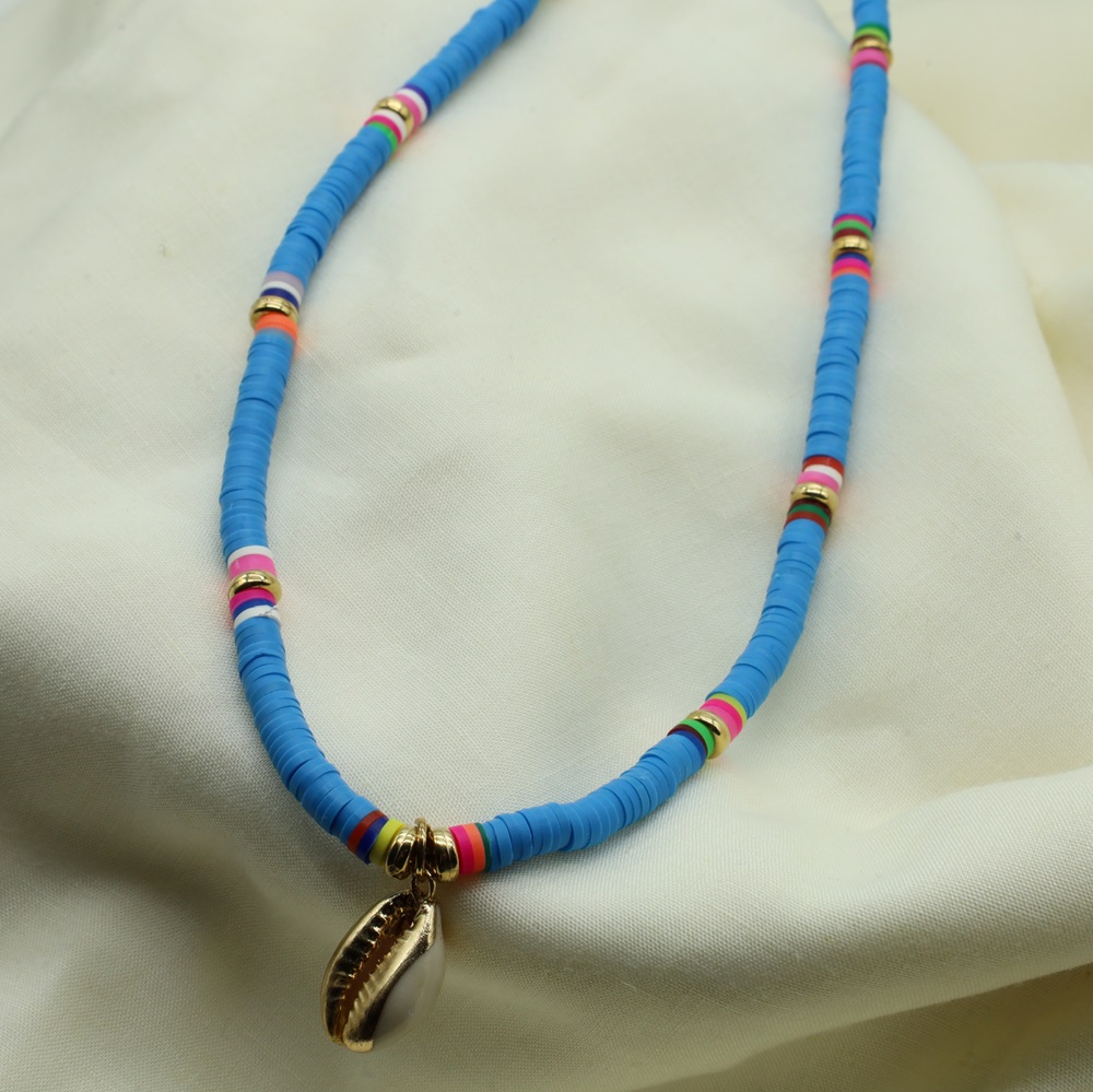 N-09-03a.jpg Azure Heishi Beads with Cowrie Shell Charm